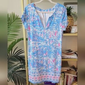 Lilly Pulitzer Blue and Pink Boatylicious Etta V-neck Dress - Women's Size Large